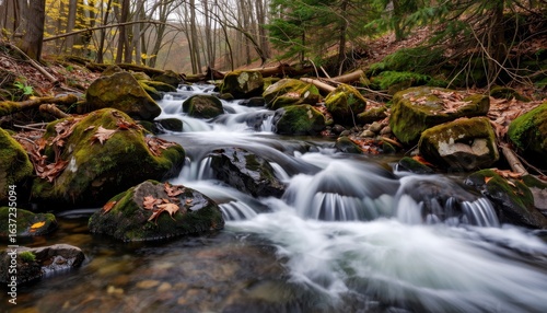 Tranquil stream flowing through autumn forest nature photography peaceful environment close-up view
