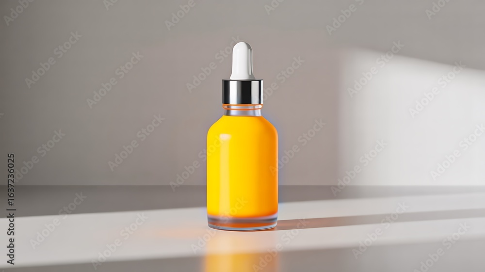 Fototapeta premium Orange serum dropper bottle with silver cap on minimal background 