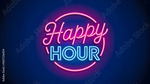 Neon sign with Happy Hour text on dark background
