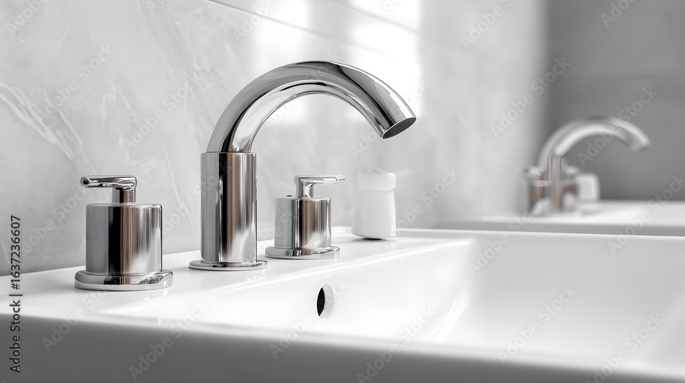 Fototapeta premium Minimalist White Sink with Chrome Faucets