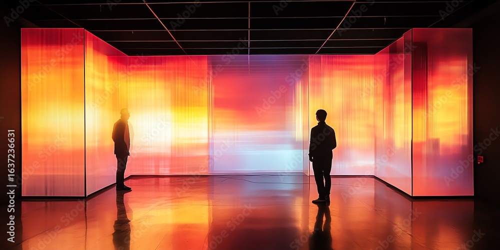 Fototapeta premium Man Contemplating Art Installation with Colorful Light