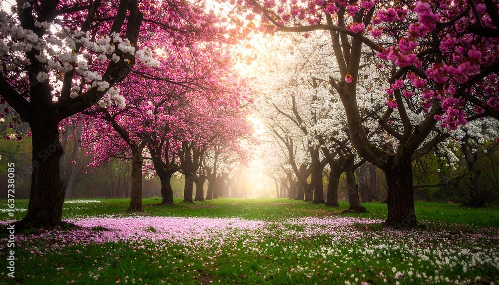 Fototapeta premium Blooming cherry trees in a sunlit park