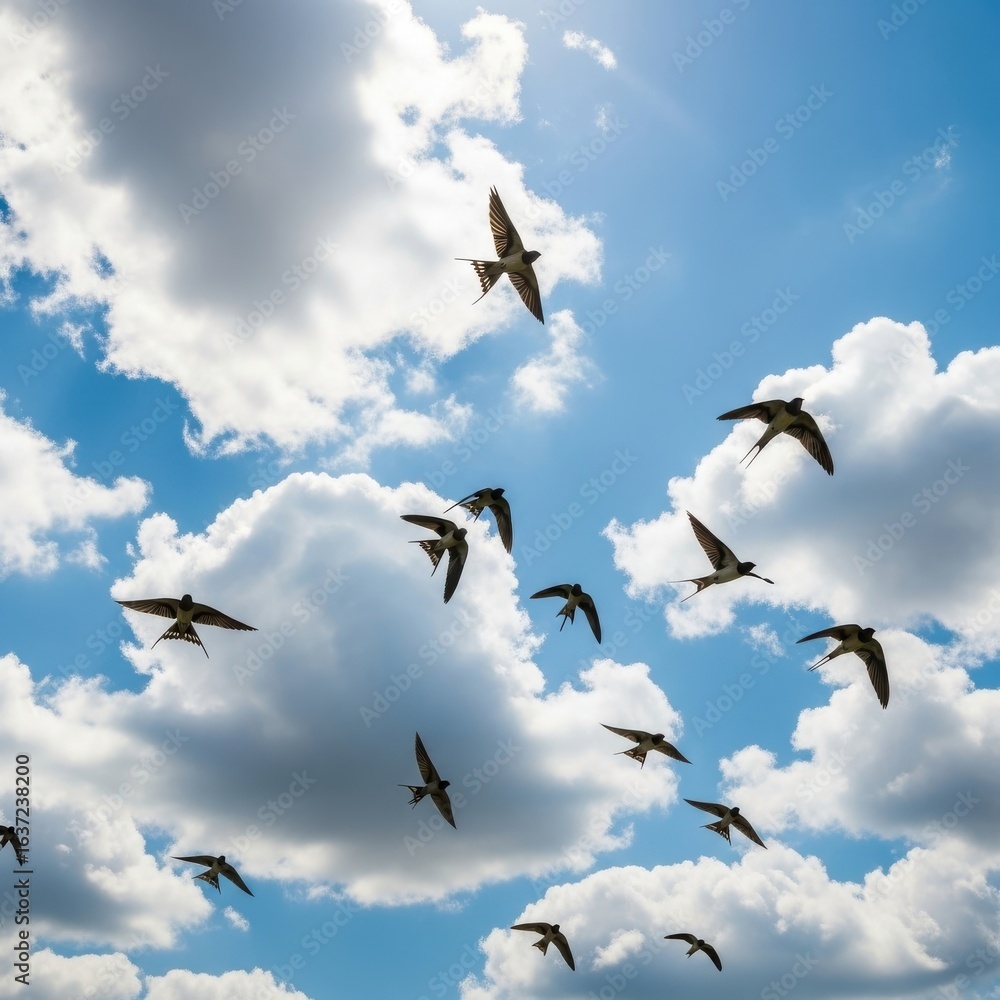 Obraz premium Swallows gracefully ascend through the azure sky, amidst fluffy white clouds