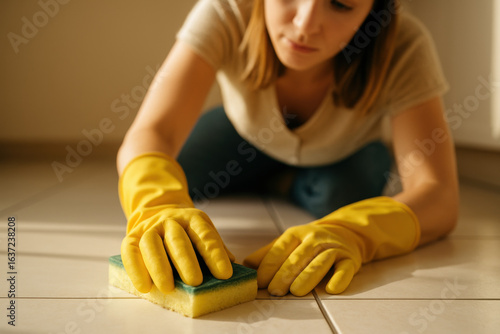 Focused woman in yellow gloves scrubbing floor tiles with sponge, deep cleaning home interior during spring cleaning chores
