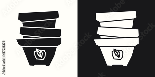 Black Filled and White Filled Cutout Icons of Stacked Pots