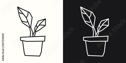 Black Line Art and White Line Art Cutout Icons of a Potted Plant