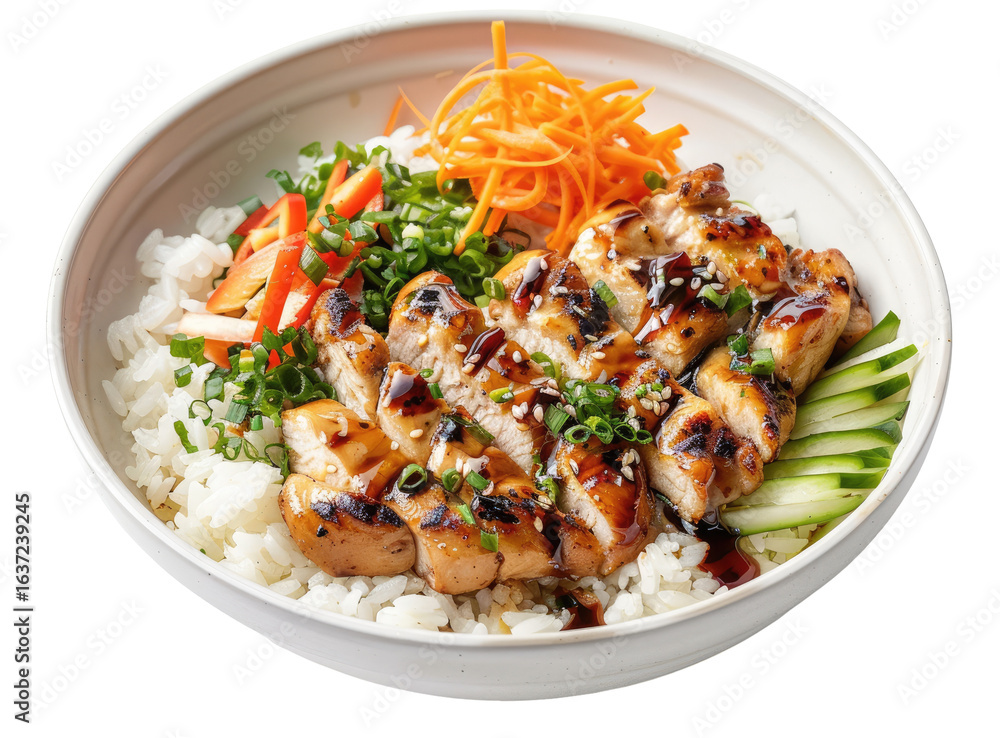 A white bowl filled with teriyaki chicken and rice, garnished with vegetables A white bowl filled with teriyaki chicken and rice, garnished with vegetables