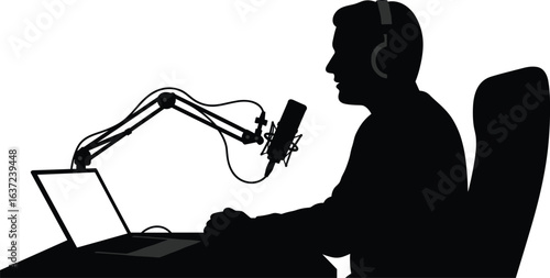 Podcast host silhouette, recording studio setup, man with headphones, speaking into microphone, laptop on desk, professional broadcasting, radio interview, online streaming, audio content creation, 