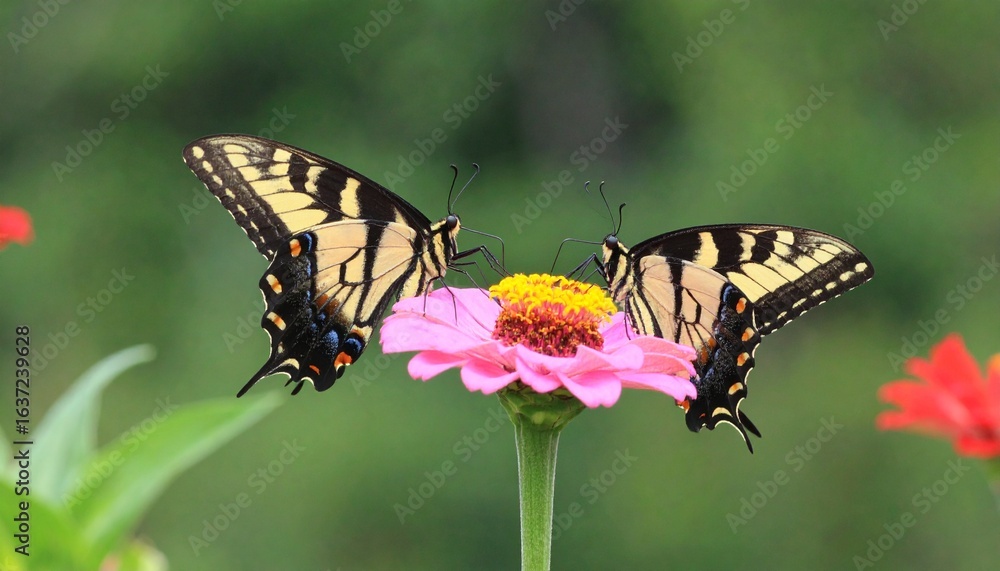 Obraz premium Yellow swallowtail butterfly on a flower closeup. Butterfly on a violet flower. Close-up of butterfly pollinating on flower. Two monarch butterflies feeding on a pink cone flower. 