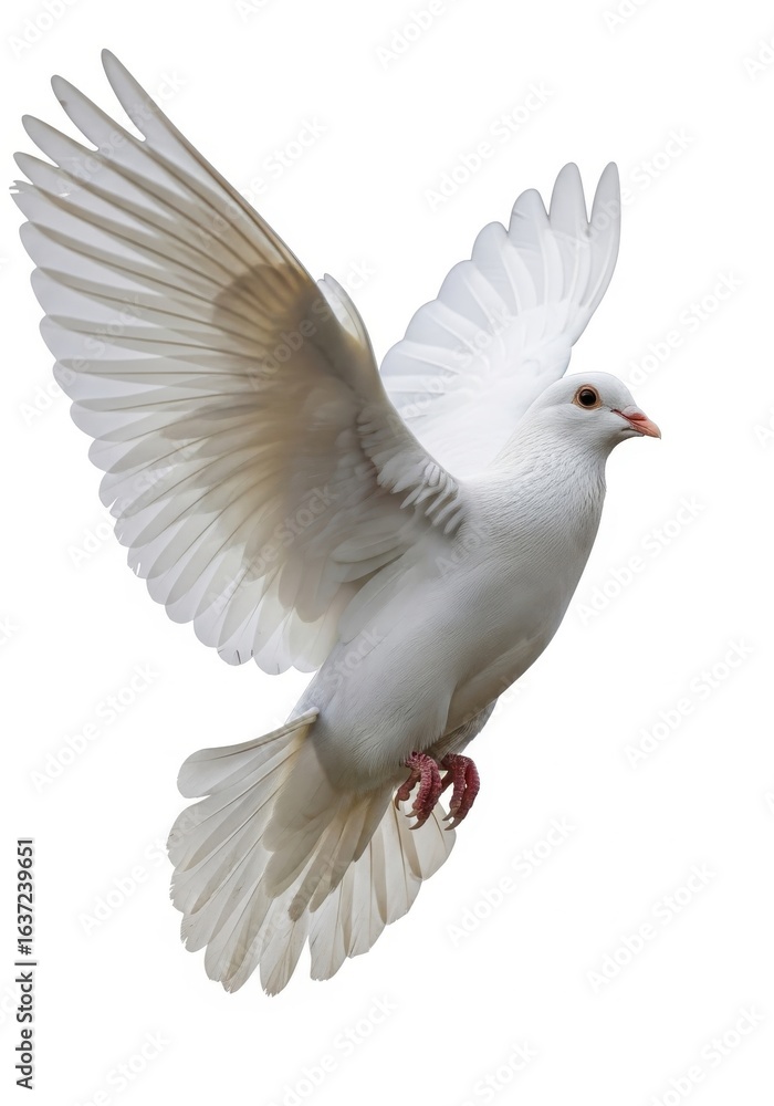Fototapeta premium Elegant White Dove Ascending with Open Wings Against Clear Background