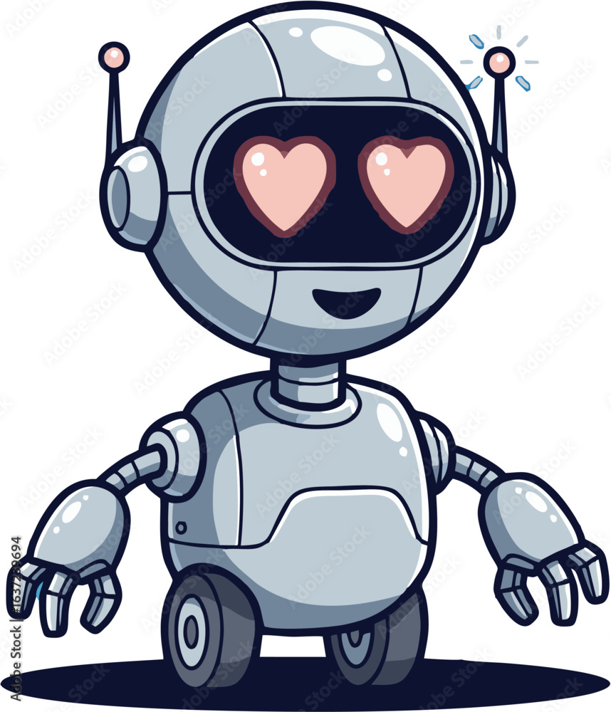 Obraz premium Adorable futuristic AI robot character with expressive heart eyes showcasing digital affection and charming technology.