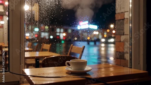 Cozy Coffee Shop Ambiance on a Rainy Night with Steaming Cup