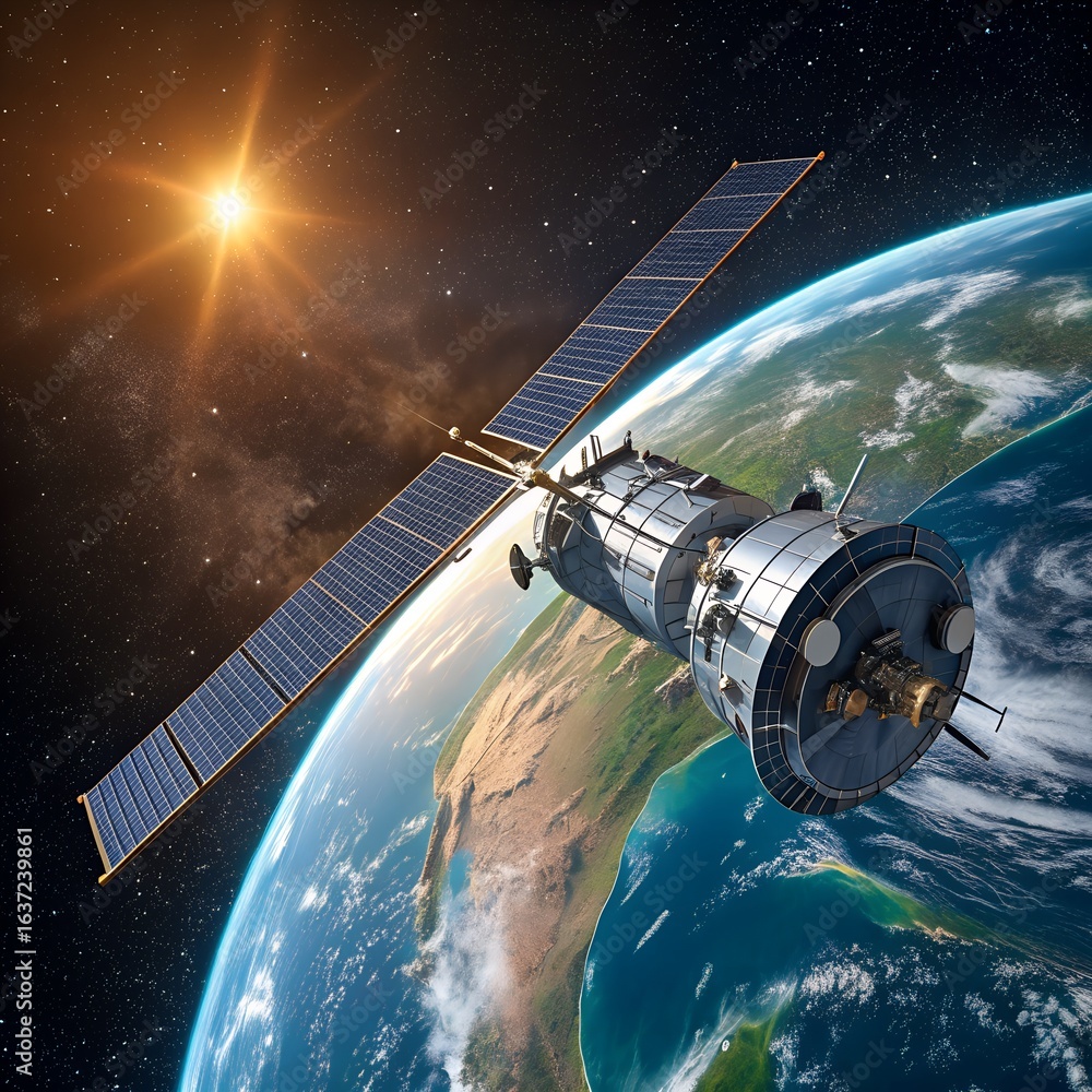 Obraz premium Satellite orbiting planet earth with sun in the background