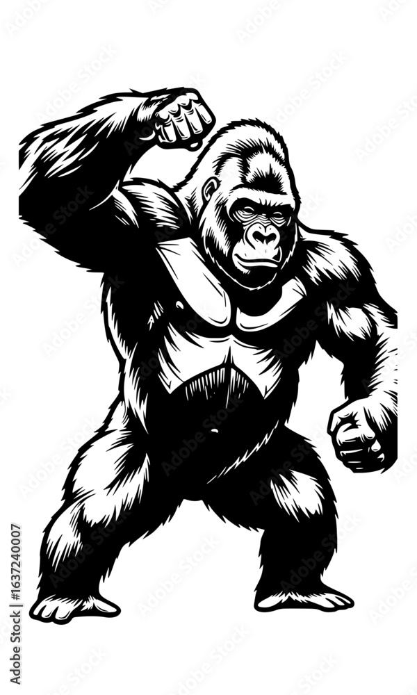 Fototapeta premium Bold Line Gorilla Beating Chest - Black and White Art 