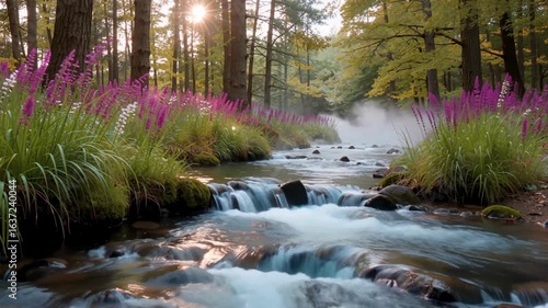 Serene Forest Stream with Flowing Water and Flowers