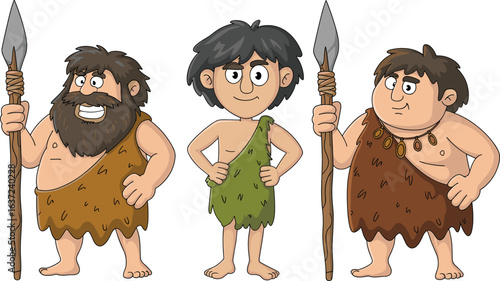 Cartoon cavemen trio illustration, primitive characters with spears, prehistoric outfit design, humorous stone age vector, educational clipart