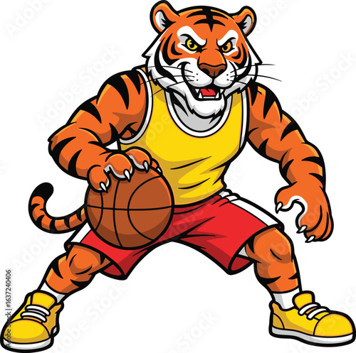 Cartoon tiger basketball player, fierce animal mascot in yellow jersey, red shorts and sneakers, sporty jungle character vector illustration