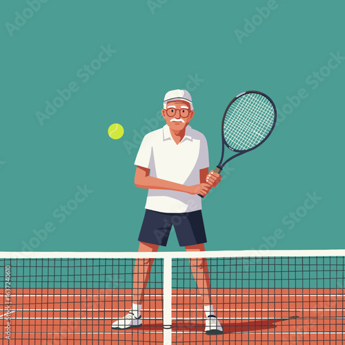 Senior man playing tennis on court with racquet and ball  