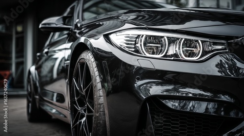 Sleek and luxurious black car, capturing speed, innovation, and elegance. The image focuses on the front section of the car, highlighting the headlights, grill, and wheels