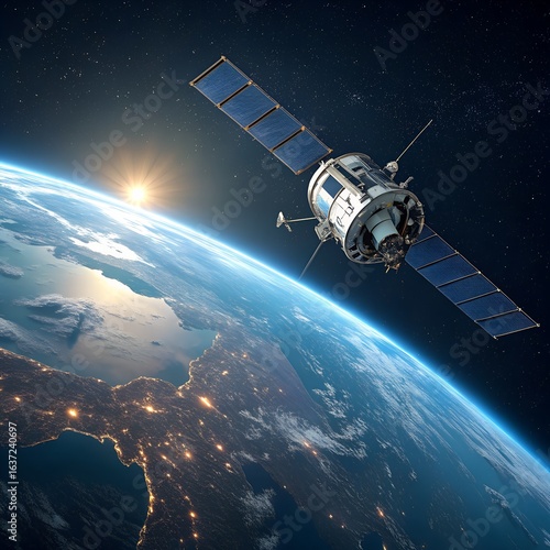 Wallpaper Mural Satellite orbiting earth with sun and city lights Torontodigital.ca