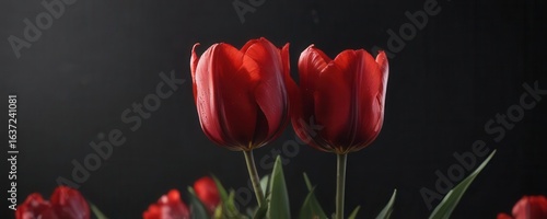 Crimson tulip, softly lit, dark backdrop, delicate petals, background, macro