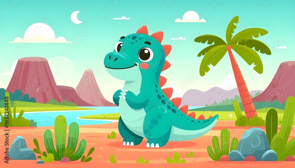 Fototapeta premium Bright and playful cartoon dinosaur in prehistoric setting with flat vector art
