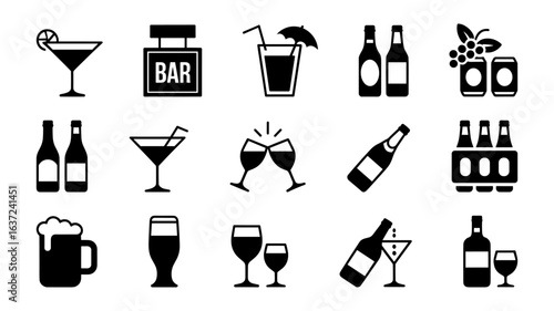 Collection of bar and drink icons on white background.