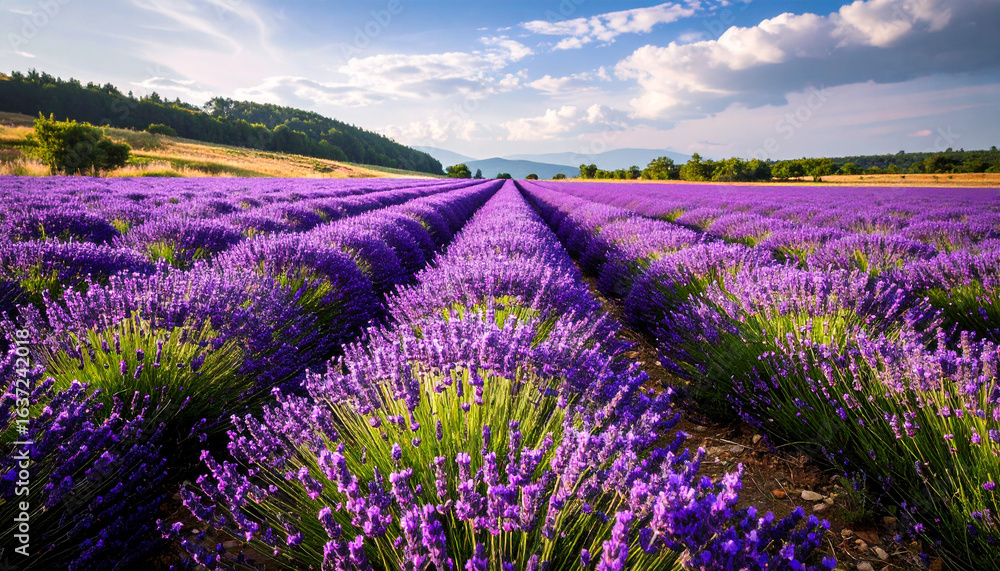 Naklejka premium Lavender field in bloom, purple flowers, sunny summer day