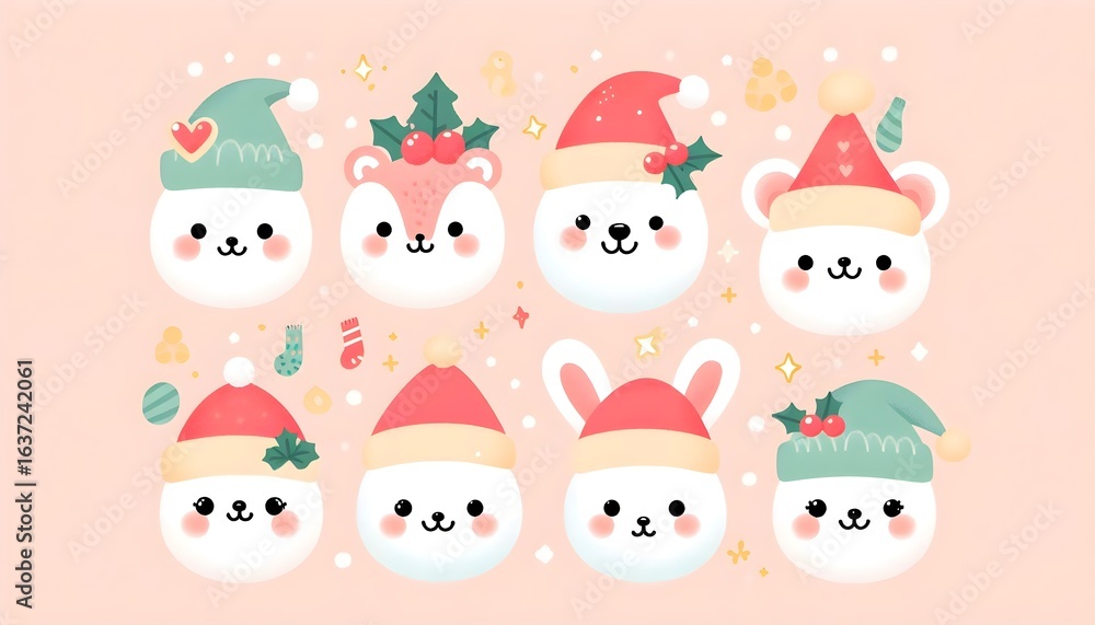 Pastel animal faces in kawaii style with party hats and clean playful design Pastel animal faces in kawaii style with party hats and clean playful design