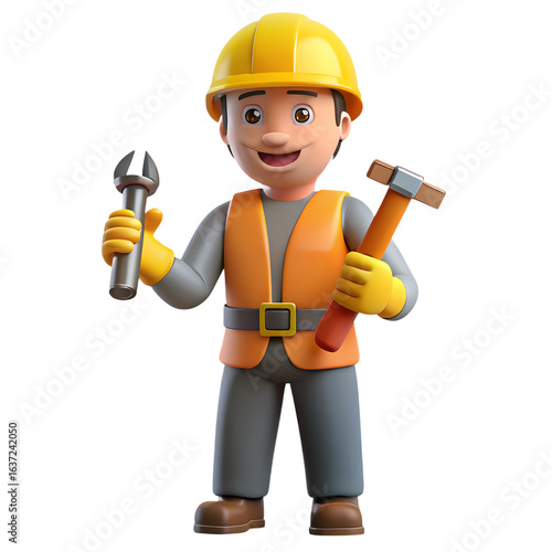 labor day Construction Worker with Hammer and Wrench 3D PNG