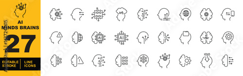 Artificial Intelligence Minds Brains set of web icons in line style. A collection of linear icons representing key Artificial Intelligence Minds Brains concepts, and more. Editable stroke