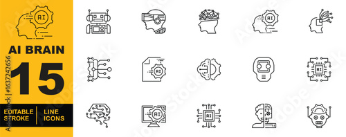 Artificial Intelligence Brain set of web icons in line style. Collection of linear icons representing key Artificial Intelligence Brain concepts, including AI brain networks, and more. Editable stroke