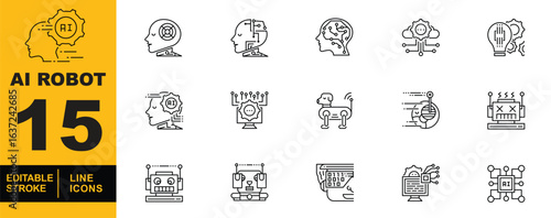 Artificial Intelligence Robot set of web icons in line style. A collection of linear icons representing key Artificial Intelligence Robot concepts, including AI robots, and more. Editable stroke
