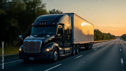 Large Black Semi Truck Driving Smoothly Along Highway During Sunset