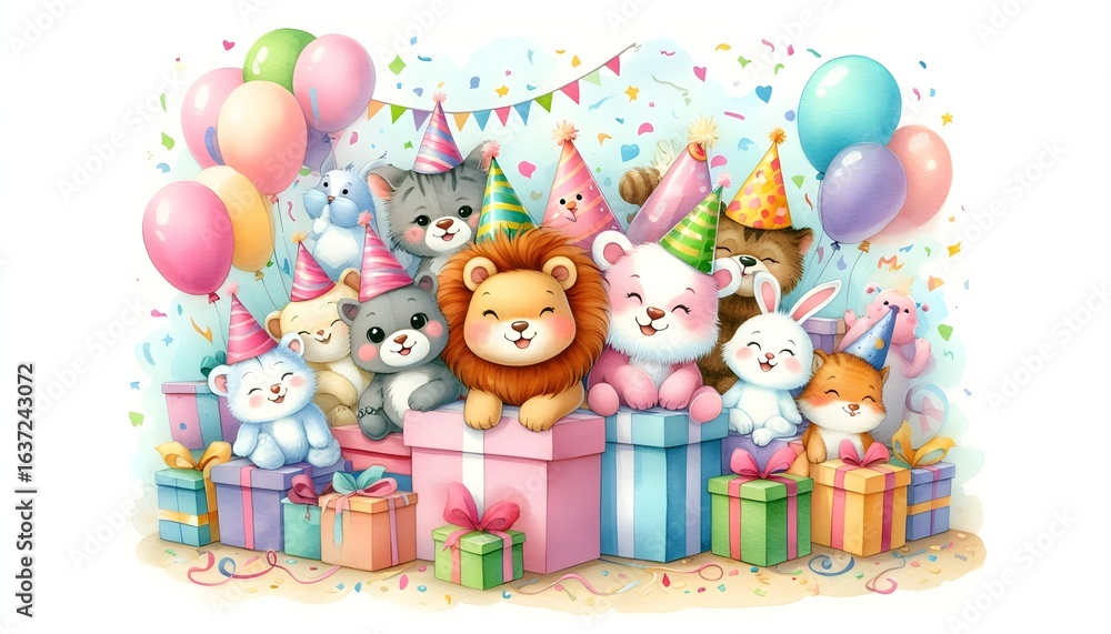 Fototapeta premium Adorable cartoon animals in bright party hats painted in whimsical watercolor style on clean background