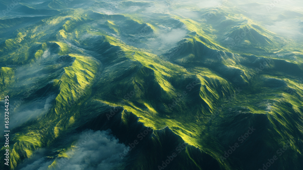 Fototapeta premium High-angle view of a range of lush green mountains.