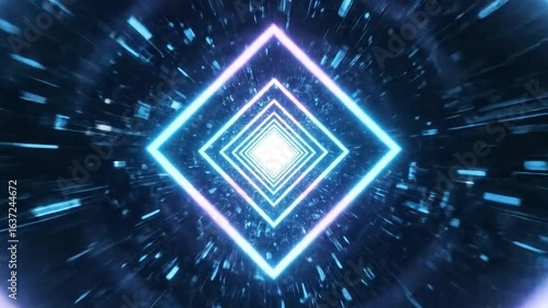 A digital tunnel with neon blue pink and white square lights receding into a distant point