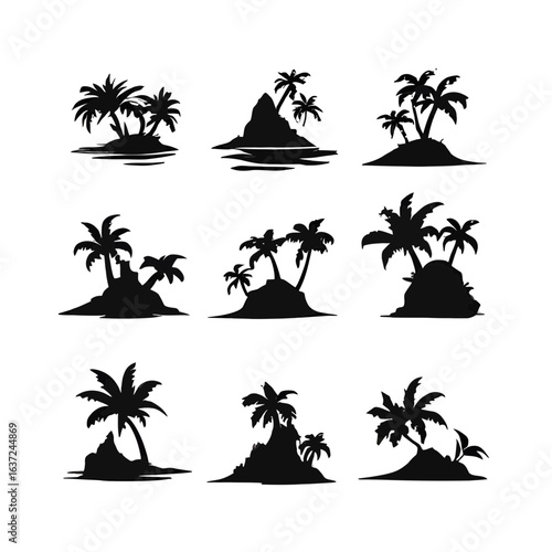 Nine minimalist black silhouettes of tropical islands with palm trees, varying in composition and size.