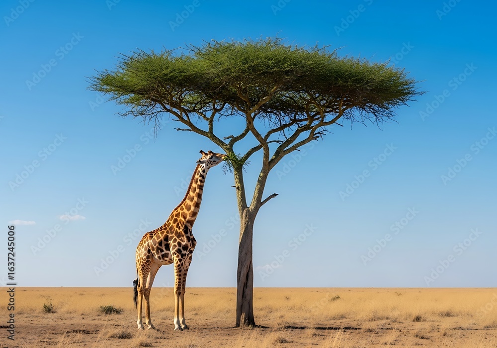 Obraz premium Giraffe eating leaves from an Acacia tree in the African savanna. Iconic wildlife scene under a clear blue sky, ideal for nature, travel, or conservation themes.