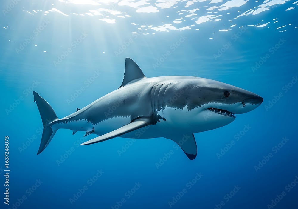 Fototapeta premium Great white shark swimming gracefully underwater in the deep blue ocean, illuminated by serene sun rays. Majestic marine life predator, perfect for nature, wildlife, or environmental themes.