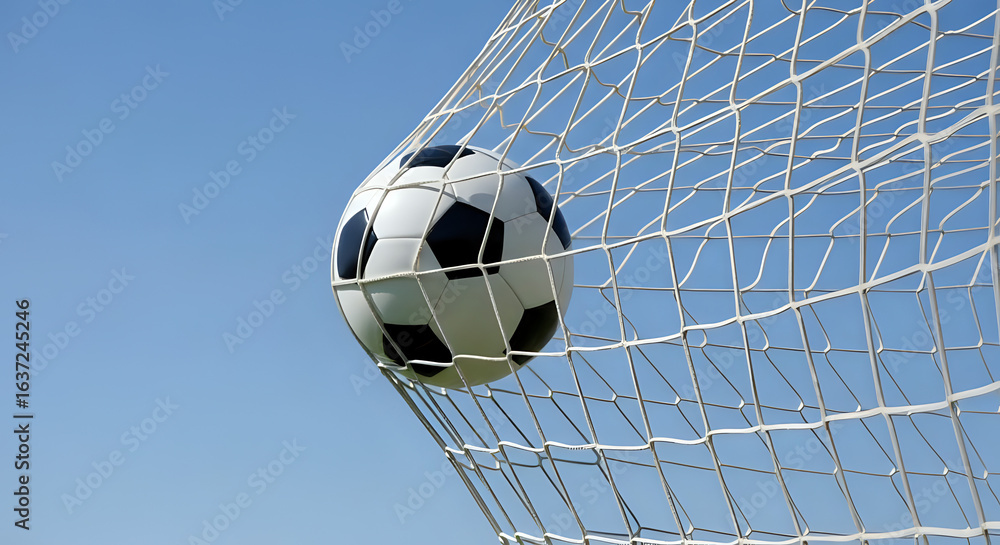 Naklejka premium Soccer ball scoring goal in net, capturing victory and championship moment with dynamic action