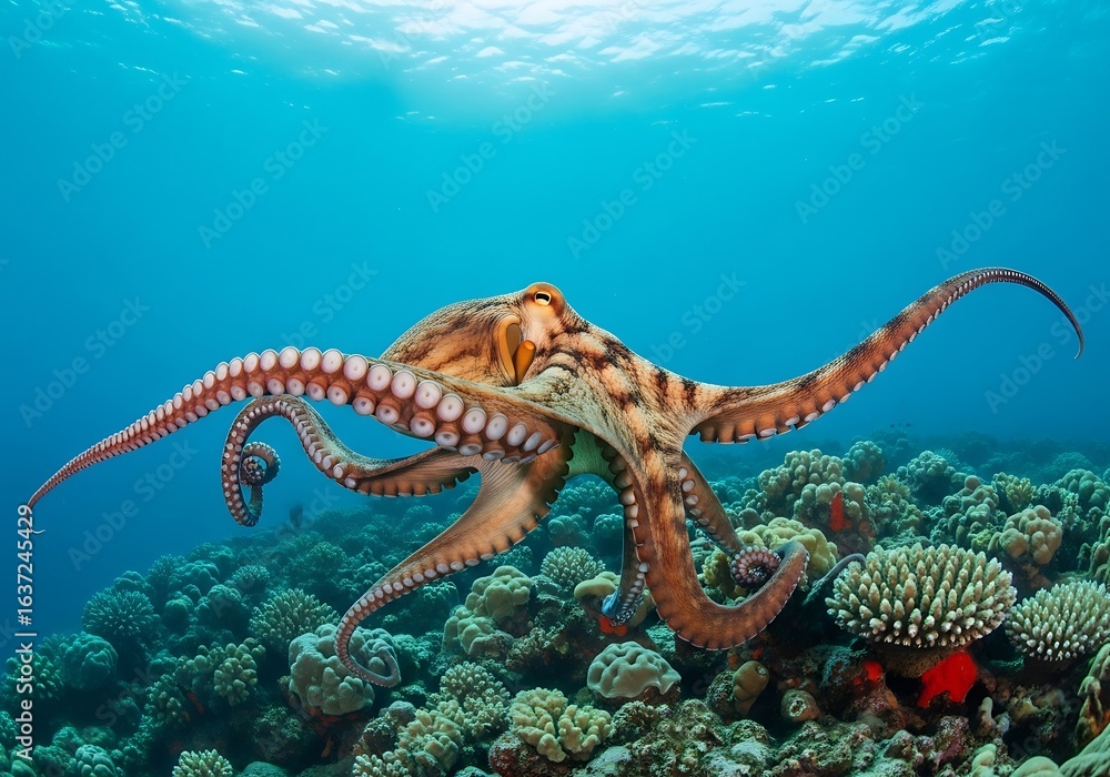Fototapeta premium Octopus swimming gracefully over a vibrant coral reef in clear blue tropical ocean water. Dynamic marine life in natural habitat.