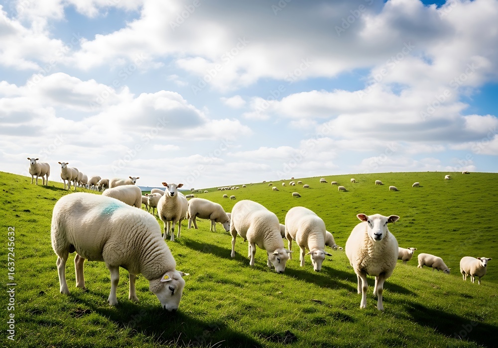 Fototapeta premium Sheep flock grazing on vibrant green hillside under sunny blue sky with white clouds. Peaceful rural landscape, agriculture, and nature scene.