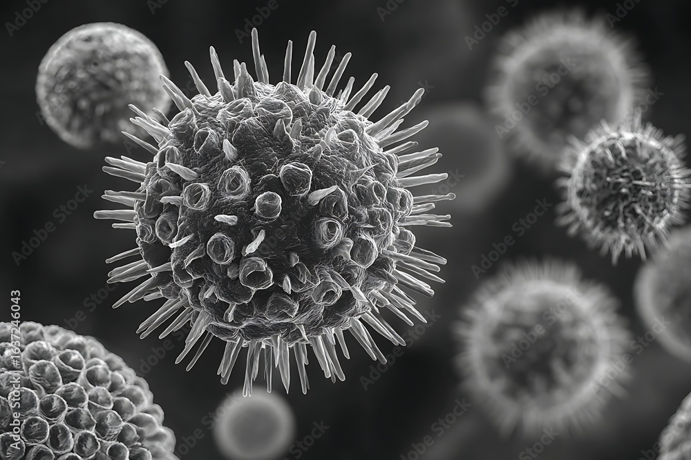 Fototapeta premium High-detail electron microscope image of influenza virus particles. Spherical shape with surface spikes, arranged naturally.