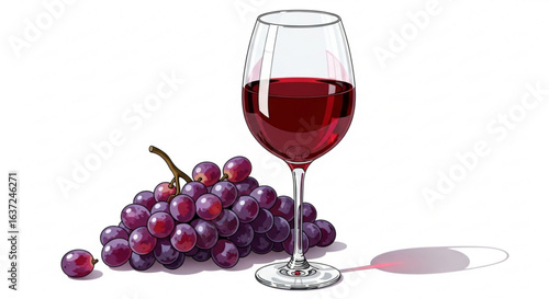 Red wine glass with grapes still life illustration for wine lovers and connoisseurs perfect for decor art