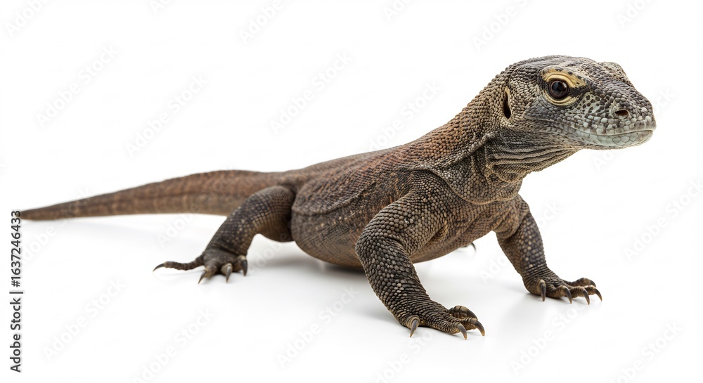 Naklejka premium 力強いコモドドラゴン 横顔 クローズアップ 白背景 鮮明 
