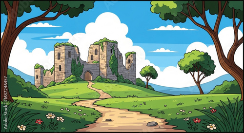 Wallpaper Mural Cartoon landscape illustration of castle ruins with path and trees drawing vector art background design Torontodigital.ca