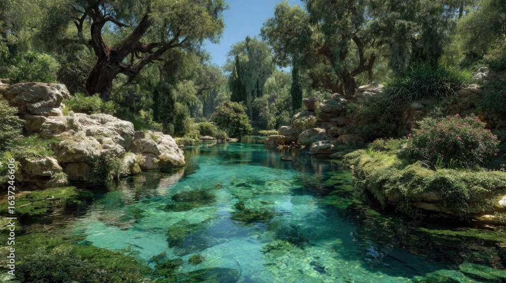 Fototapeta premium Serene, clear stream meanders through lush greenery, sunlight illuminating the crystal-clear water