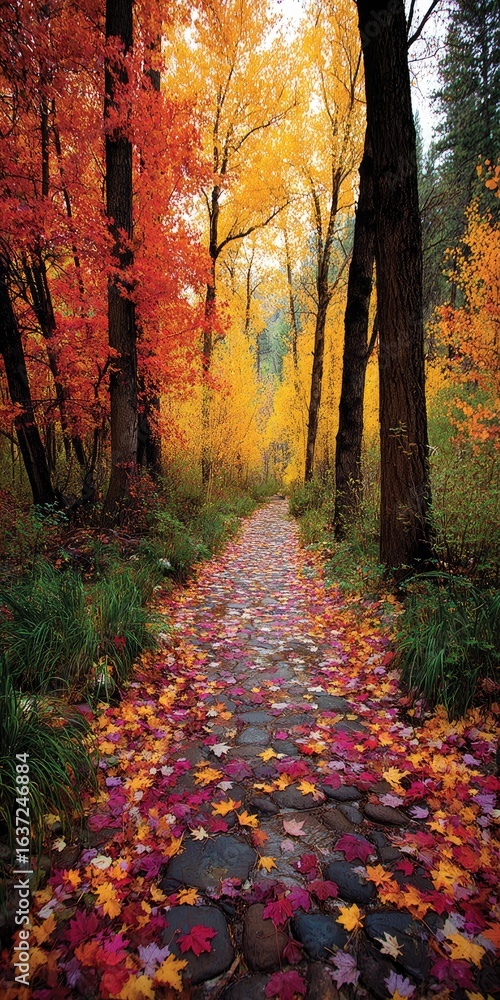 Fototapeta premium Autumnal path through vibrant forest (1)