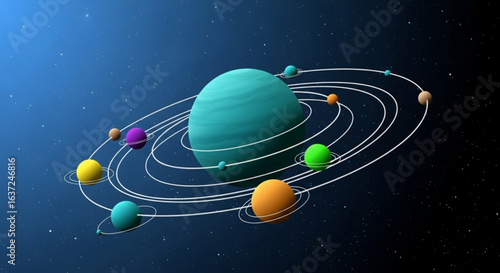 Colorful solar system planets orbiting sun illustration for space and astronomy education design
